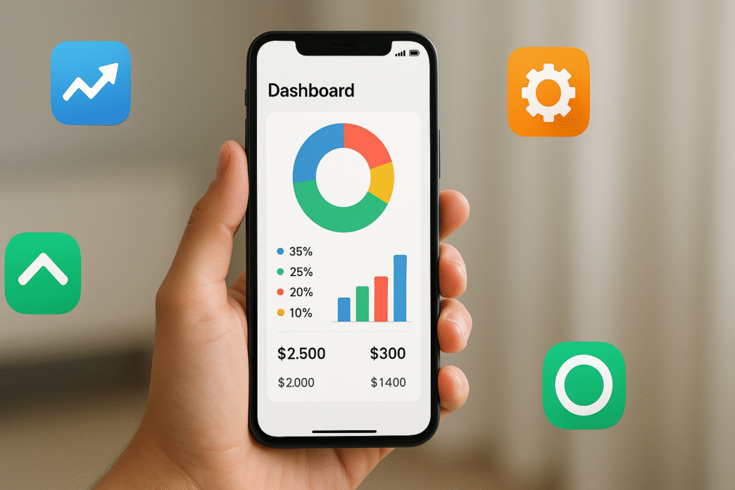 Mão segurando um smartphone que exibe um gráfico financeiro, com ícones de outros aplicativos de finanças ao fundo.
