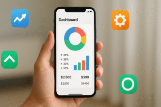 Mão segurando um smartphone que exibe um gráfico financeiro, com ícones de outros aplicativos de finanças ao fundo.