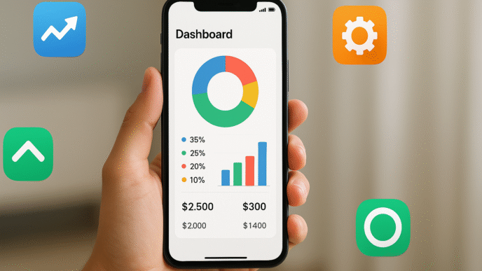 Mão segurando um smartphone que exibe um gráfico financeiro, com ícones de outros aplicativos de finanças ao fundo.