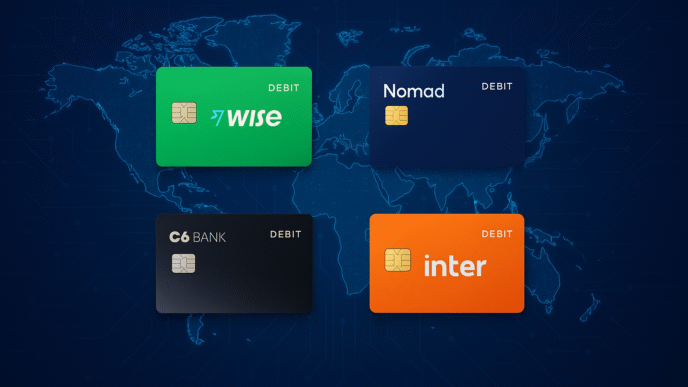 Uma montagem de quatro cartões de débito internacionais com cores diferentes, flutuando sobre um mapa-múndi, simbolizando a escolha da melhor conta global.