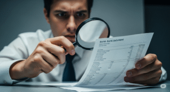 Pessoa examinando atentamente um extrato bancário com uma lupa, simbolizando a busca por tarifas bancárias escondidas.