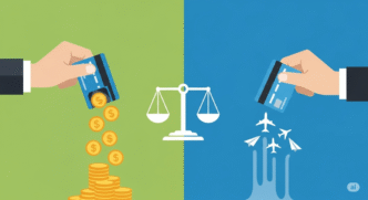 Uma balança equilibrando de um lado um cifrão ($) representando o cashback e do outro um avião de papel representando os pontos e milhas.