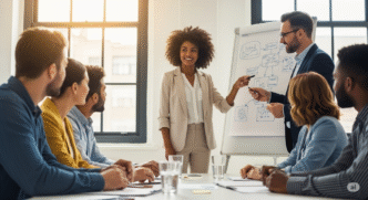 Equipe de profissionais colaborando em uma reunião, com uma líder apresentando estratégias em um quadro branco, simbolizando a comunicação no ambiente de trabalho.