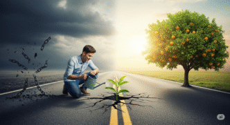Imagem da jornada financeira, mostrando uma estrada que sai de um local escuro com correntes quebradas e chega a um campo ensolarado com uma árvore de frutos.