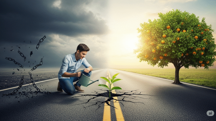 Imagem da jornada financeira, mostrando uma estrada que sai de um local escuro com correntes quebradas e chega a um campo ensolarado com uma árvore de frutos.