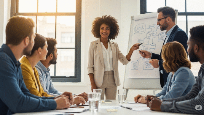 Equipe de profissionais colaborando em uma reunião, com uma líder apresentando estratégias em um quadro branco, simbolizando a comunicação no ambiente de trabalho.