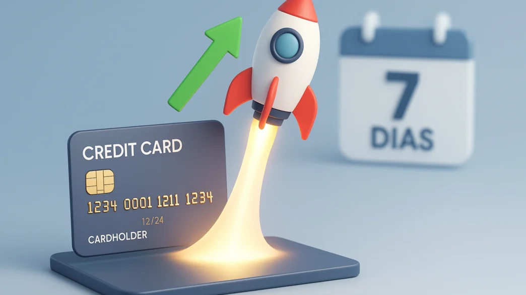 retrata um cartão de crédito como uma plataforma de lançamento para um foguete, simbolizando um aumento de limite rápido e poderoso impulsionado por uma estratégia de curto prazo de 7 dias