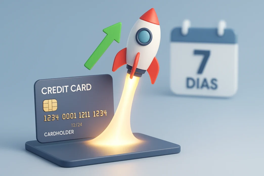 retrata um cartão de crédito como uma plataforma de lançamento para um foguete, simbolizando um aumento de limite rápido e poderoso impulsionado por uma estratégia de curto prazo de 7 dias