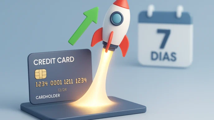retrata um cartão de crédito como uma plataforma de lançamento para um foguete, simbolizando um aumento de limite rápido e poderoso impulsionado por uma estratégia de curto prazo de 7 dias