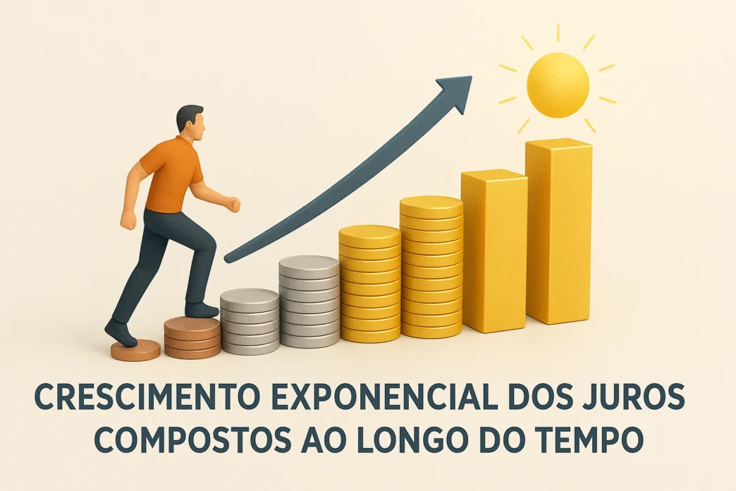 ilustra o poder dos juros compostos através de uma escadaria que cresce exponencialmente, começando com pequenas moedas e terminando em barras de ouro, simbolizando a construção de uma fortuna ao longo do tempo através de investimentos consistentes.