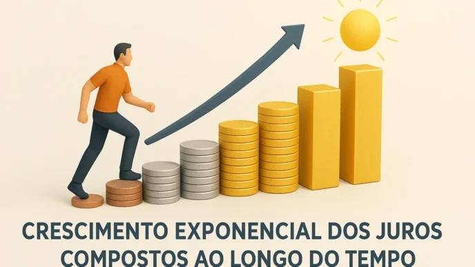 ilustra o poder dos juros compostos através de uma escadaria que cresce exponencialmente, começando com pequenas moedas e terminando em barras de ouro, simbolizando a construção de uma fortuna ao longo do tempo através de investimentos consistentes.