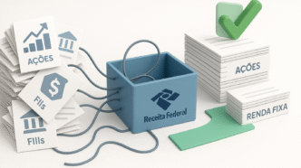 processo de declaração de Imposto de Renda, mostrando papéis de investimentos confusos sendo organizados por uma "caixa" da Receita Federal e saindo como pilhas de documentos corretos e aprovados, simbolizando a simplificação do processo.