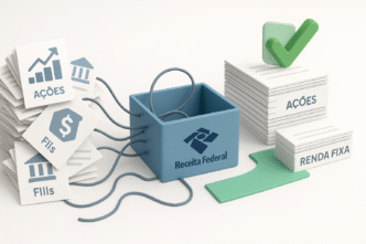 processo de declaração de Imposto de Renda, mostrando papéis de investimentos confusos sendo organizados por uma "caixa" da Receita Federal e saindo como pilhas de documentos corretos e aprovados, simbolizando a simplificação do processo.