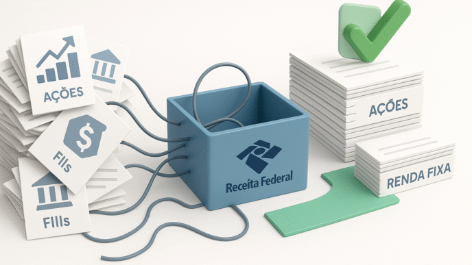 processo de declaração de Imposto de Renda, mostrando papéis de investimentos confusos sendo organizados por uma "caixa" da Receita Federal e saindo como pilhas de documentos corretos e aprovados, simbolizando a simplificação do processo.
