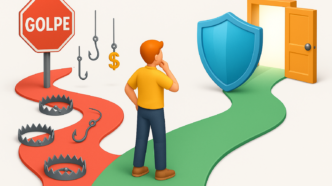 escolha do consumidor online, mostrando um caminho seguro e protegido por um escudo, que leva a uma porta de oportunidade, e um caminho perigoso, cheio de armadilhas de golpes financeiros.