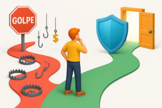 escolha do consumidor online, mostrando um caminho seguro e protegido por um escudo, que leva a uma porta de oportunidade, e um caminho perigoso, cheio de armadilhas de golpes financeiros.