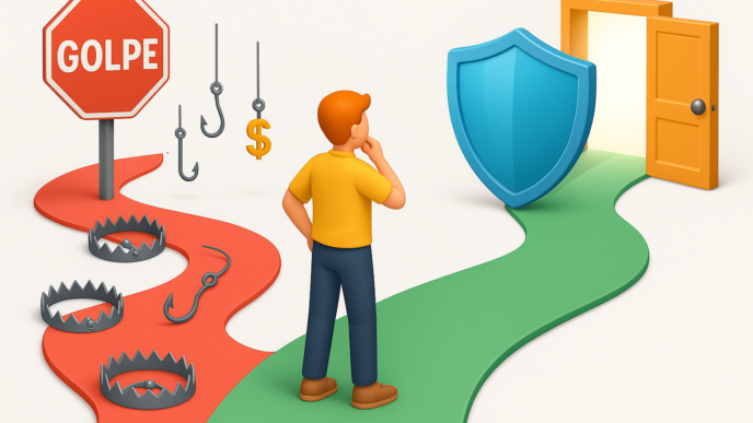 escolha do consumidor online, mostrando um caminho seguro e protegido por um escudo, que leva a uma porta de oportunidade, e um caminho perigoso, cheio de armadilhas de golpes financeiros.