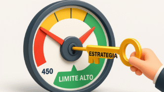 Infográfico 3D mostrando que a "ESTRATÉGIA" correta, simbolizada por uma chave dourada, é capaz de destravar um medidor de crédito, fazendo o ponteiro saltar de um score baixo (450) para a zona de "LIMITE ALTO", ilustrando o poder de uma abordagem inteligente.