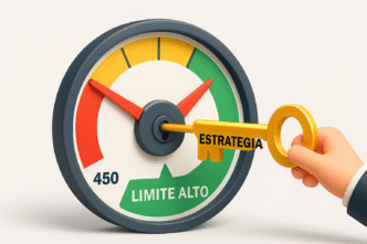 Infográfico 3D mostrando que a "ESTRATÉGIA" correta, simbolizada por uma chave dourada, é capaz de destravar um medidor de crédito, fazendo o ponteiro saltar de um score baixo (450) para a zona de "LIMITE ALTO", ilustrando o poder de uma abordagem inteligente.