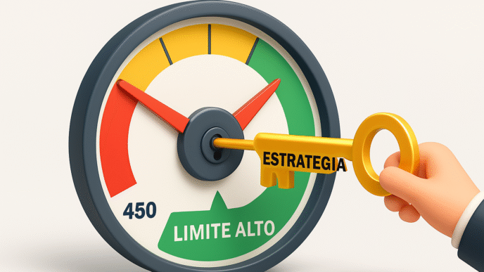Infográfico 3D mostrando que a "ESTRATÉGIA" correta, simbolizada por uma chave dourada, é capaz de destravar um medidor de crédito, fazendo o ponteiro saltar de um score baixo (450) para a zona de "LIMITE ALTO", ilustrando o poder de uma abordagem inteligente.