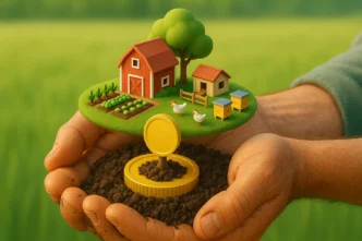 o poder do microcrédito rural, mostrando mãos de agricultor que seguram uma única moeda de onde brota uma fazenda próspera em miniatura, simbolizando como um pequeno capital pode gerar um empreendimento rural diversificado e cheio de vida.