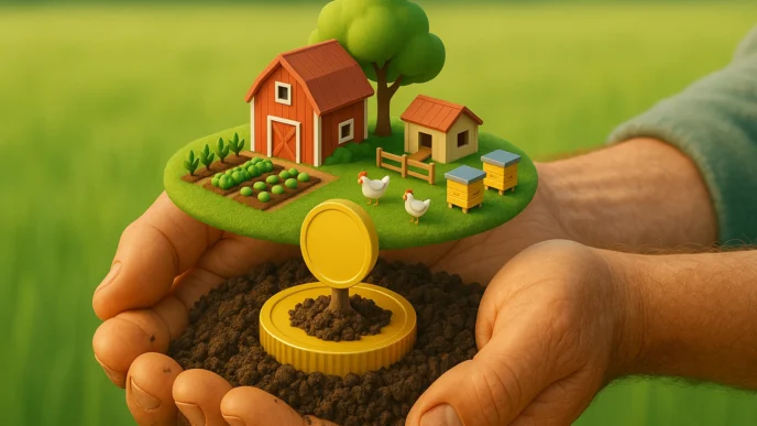 o poder do microcrédito rural, mostrando mãos de agricultor que seguram uma única moeda de onde brota uma fazenda próspera em miniatura, simbolizando como um pequeno capital pode gerar um empreendimento rural diversificado e cheio de vida.